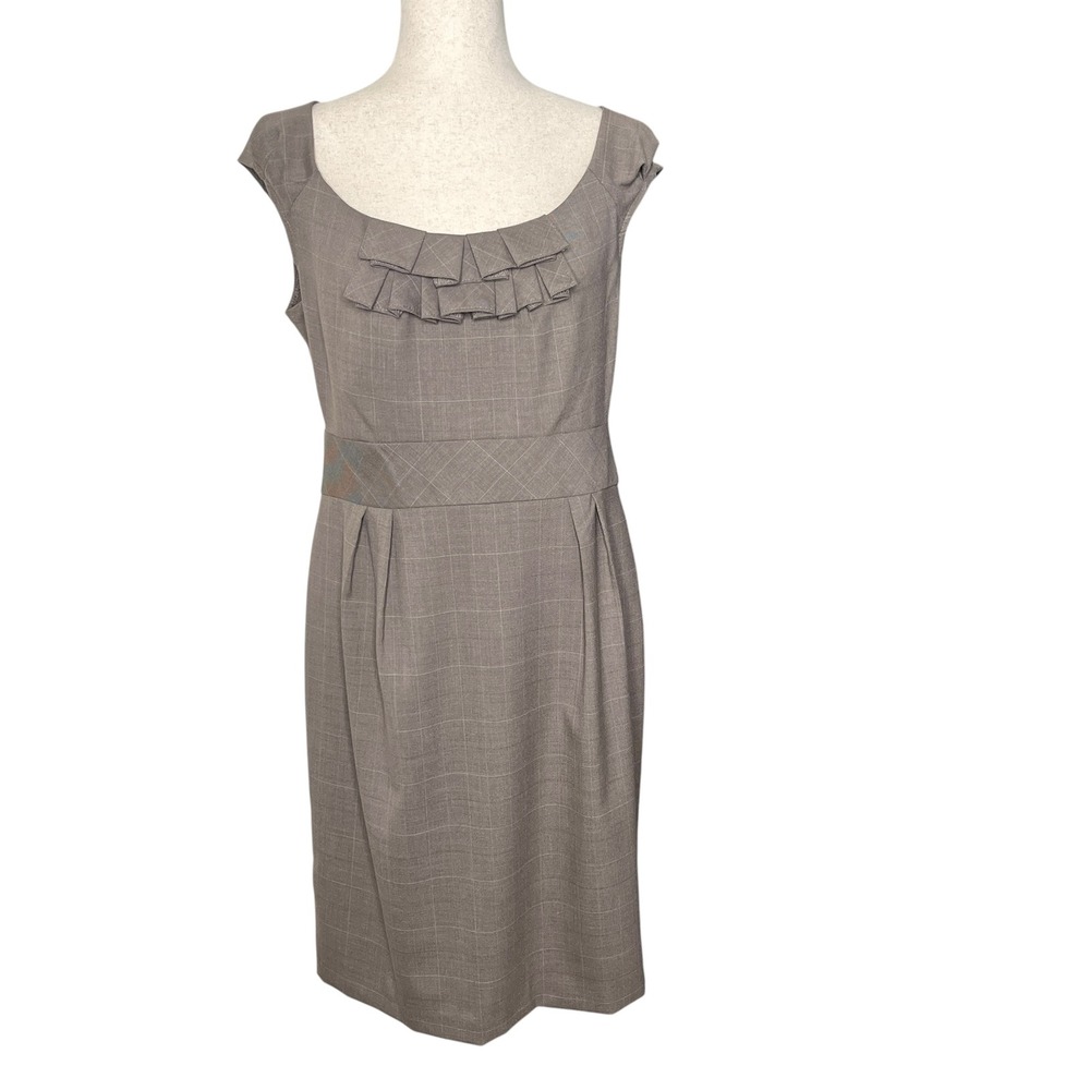 Vtg AA Studio Plaid Ruffle Sheath Dress Taupe Sz 10 90s Modest Dark Academia